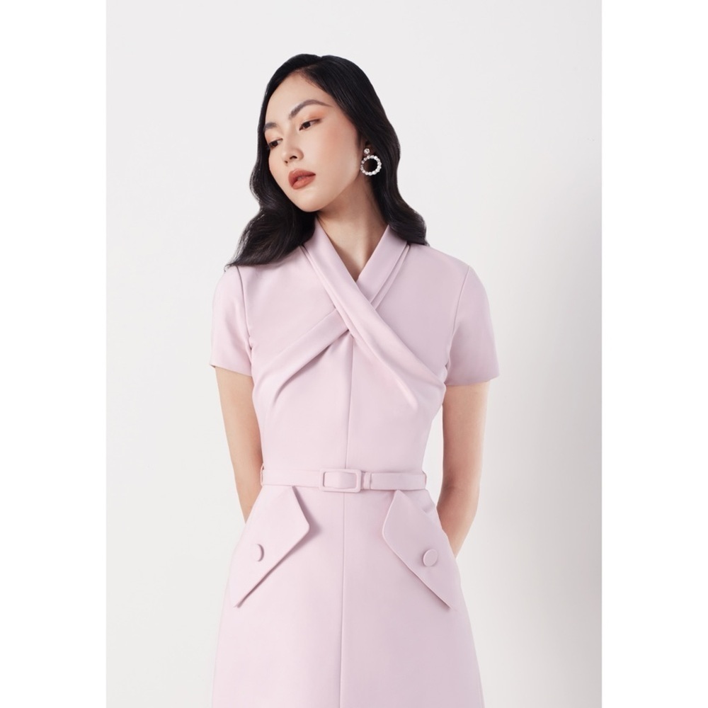 White Plan Helly Drap Pink A-Line Dress Belted Pocket Twist Front Size S - Picture 13 of 13